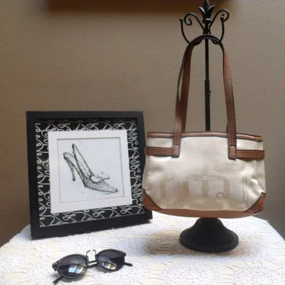 Vintage Etienne Aigner Mini Beige Fabric Faux Leather Trimmed Satchel - Picture 2 of 6